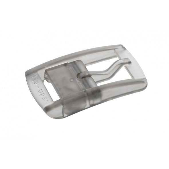 The buckle is in transparent polycarbonate. It is resistant to